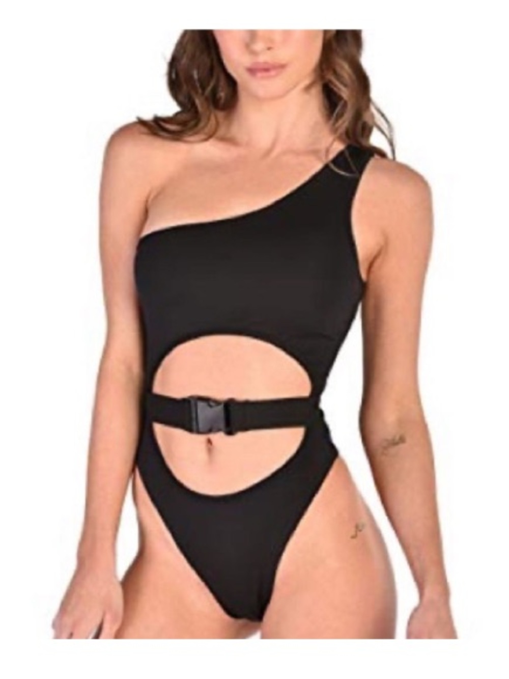 iHeartRaves Black One-Shoulder Cutout Bodysuit with Buckle Waist